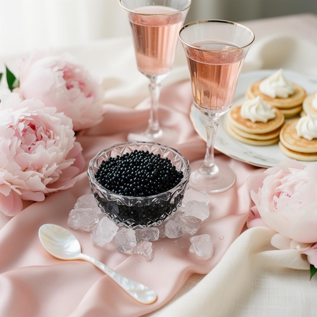 Caviar service with champagne, blinis and dill on emerald silk